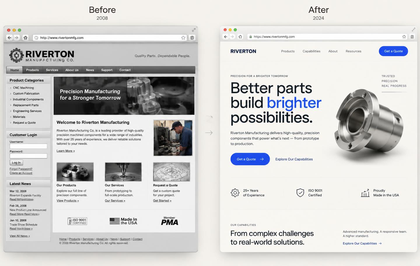 Before and after comparison of an outdated website redesigned into a modern layout